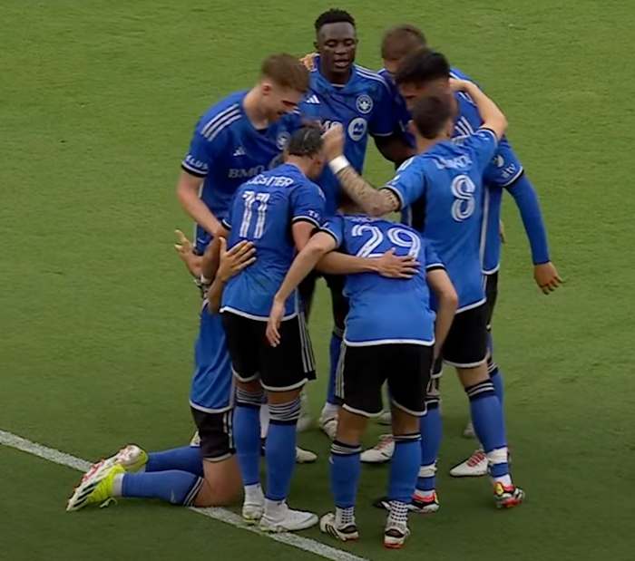 Players from Montreal pictured celebrating a goal during their 3-2 win at Inter Miami in March 2024